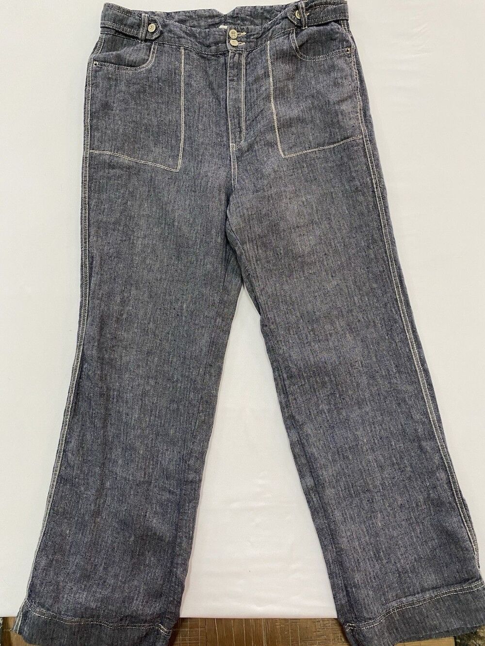 Sundance 100% Linen Herringbone Wide Leg Pants Blue Gray High Rise Size 14